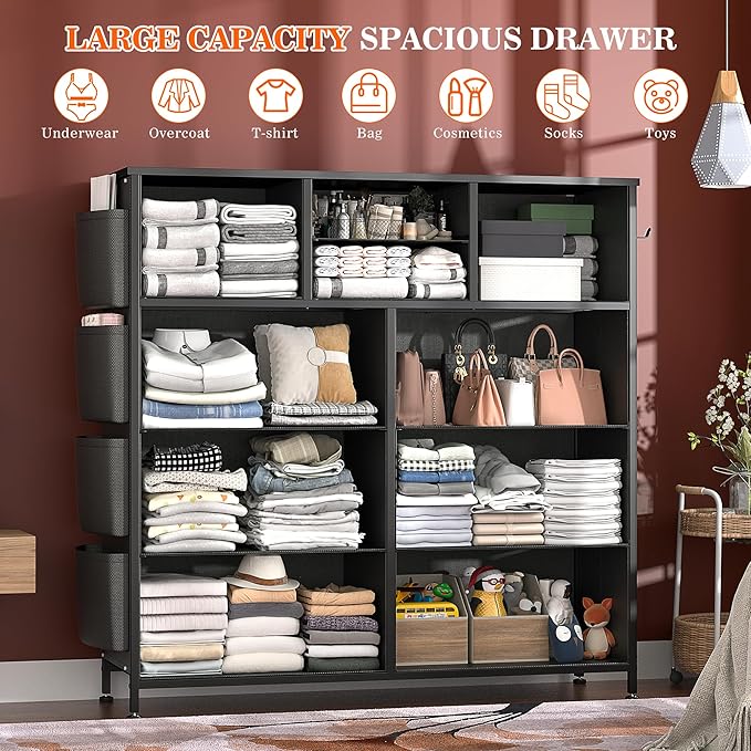 Lulive Dresser for Bedroom with 10 Drawers, Chest of Drawers with Side Pockets and Hooks, PU Storage Dresser, Organizer Unit for Living Room, Hallway, Closet (Black)