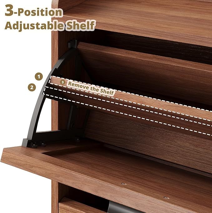 IRONCK Farmhouse Shoe Storage Cabinet with 4 Flip Drawers, Freestanding Shoe Organizer with Adjustable Shelf for Entryway, Narrow Shoe Rack Cabinet for Hallway, Living Room, Walnut