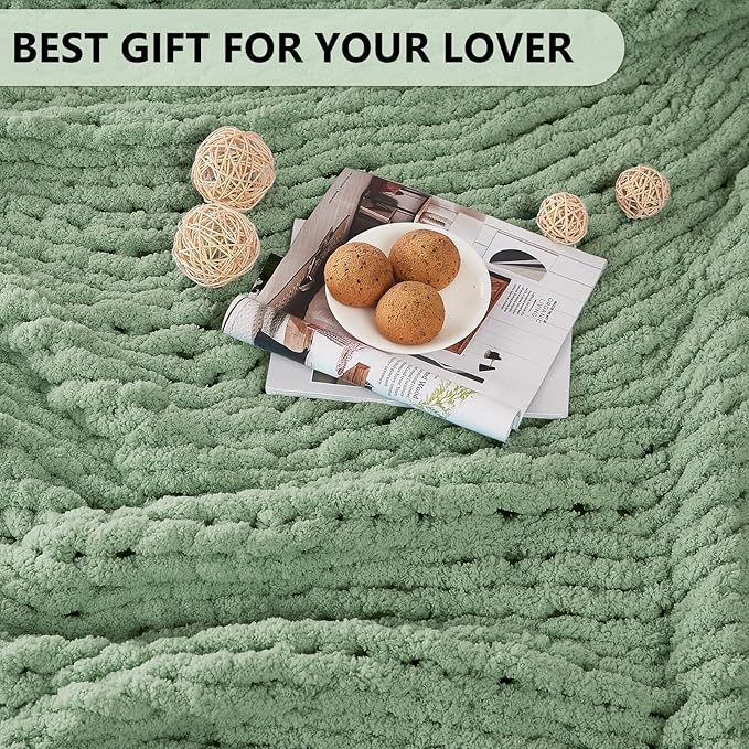 L'AGRATY Chunky Knit Blanket Throw - Soft Throw Blanket 60x80: 100% Hand Kintted Chenile Crochet Throw Blanket for Couch - Large Cable Knit Blanket for Home Decor (Sage Green)