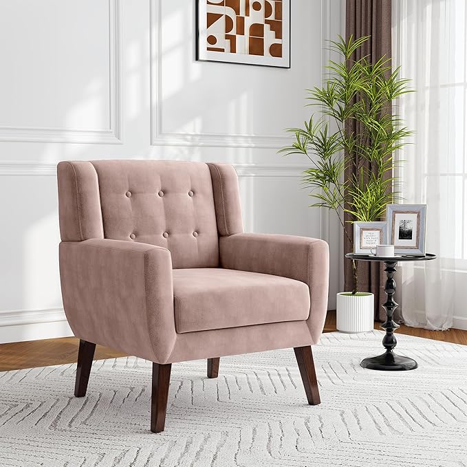 Lumibee Accent Chair, Modern Velevet Armchair for Living Room, Comfy Upholstered Arm Chair Tufted for Indoor Bedroom Office Room (Pink Velvet)