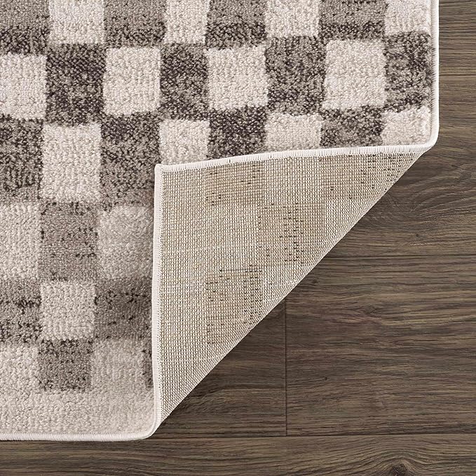 Hauteloom Pertek Modern Checkered Runner Rug - Modern Geometric Carpet for Hallway, Kids Room, Nursery - Bohemian Boho Carpet - Cream, Beige, Tan - 2'7" x 7'3"