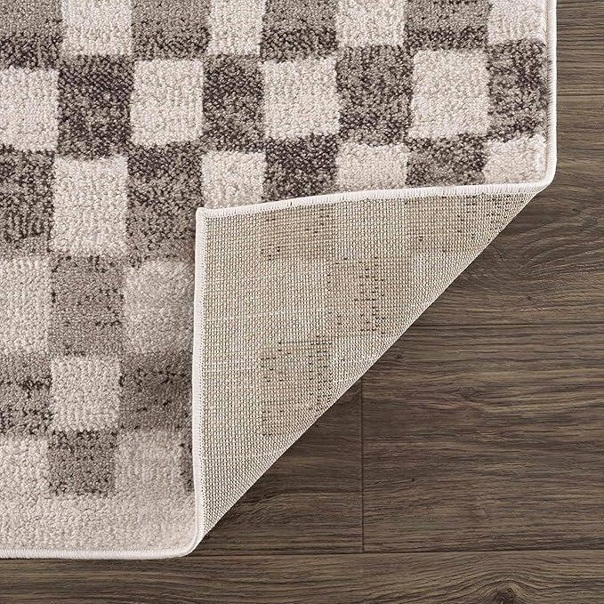 Hauteloom Pertek Modern Checkered Runner Rug - Modern Geometric Carpet for Hallway, Kids Room, Nursery - Bohemian Boho Carpet - Cream, Beige, Tan - 2'7" x 10'