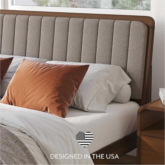 DG Casa Raven Solid Wood King Size Bed Frame - Mid Century Modern Style, Platform with Tufted Upholstered Adjustable Height Headboard, No Box Spring Required, Walnut Finish, Brown Fabric