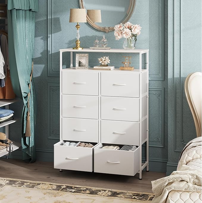 WLIVE Tall Fabric Storage Dresser - 8 Drawer Chest Tower for Bedroom, Closet, Living Room and Hallway, White