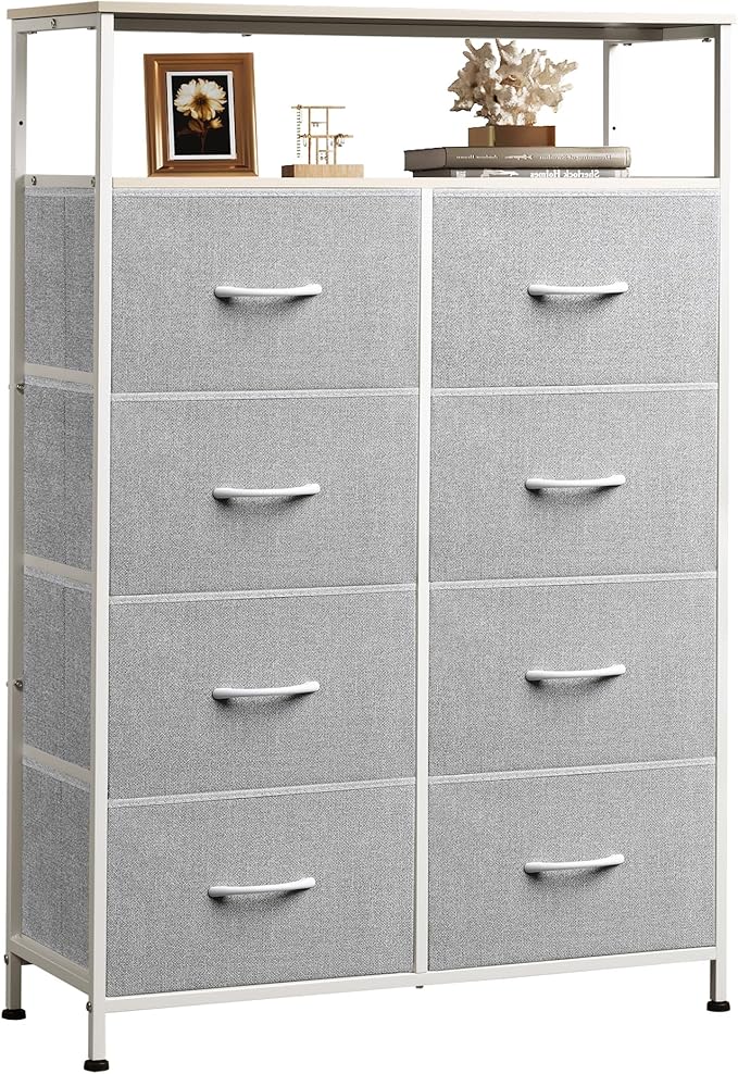 WLIVE Fabric Dresser for Bedroom with Open Shelves, Tall Dresser with 8 Drawers, Storage Tower with Fabric Bins, Chest of Drawers for Closet, Living Room, Hallway, Light Gray