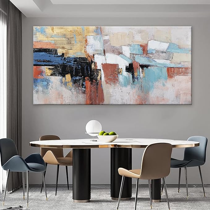 Canvas Wall Art Decor Large Wall Art For Living Room Abstract Art Blue Gold Wall Art Decor Large Canvas Art Work Colorful Abstract Wall Art Prints For Bedroom Office Kitchen Wall Decor 29"x58"