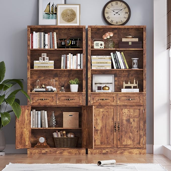 71.4" Tall Bookshelf with Drawers & Cabinet, 5-Tier Floor Standing Bookcase with Storage Doors, Adjustable Shelves & Metal Handles, 31.5" Wide Organizer for Home Office, Living Room