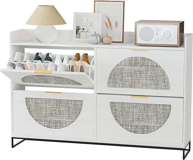 Large Shoe Cabinet Storage for Entryway Hidden Rattan Shoe Cabinet with 4 Flip Drawers Freestanding for Entryway、Hallway Beige