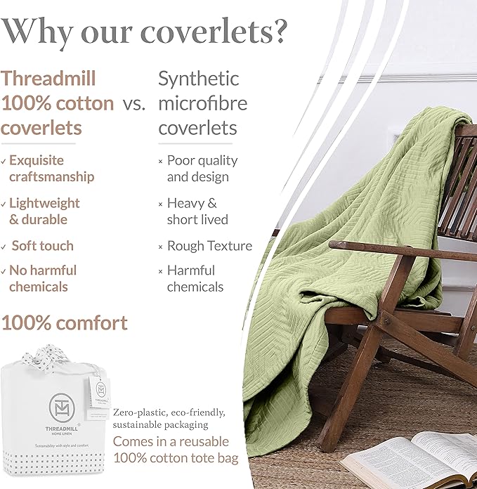 Threadmill Luxury Cotton Blankets for Queen Size Bed | All-Season 100% Cotton Queen Size Blanket | Aster Cozy Lightweight, Soft Breathable Coverlet fits Full Size Bed, 90x92 | Sage Green