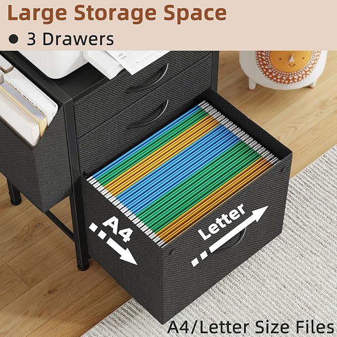 3 Drawer File Cabinet with Charging Station, 3-Tier Tall Filing Cabinet for Home Office, 11''*16'' for Small Printer, Fabric Drawer Fits A4/Letter, Printer Stand 45''H, Black