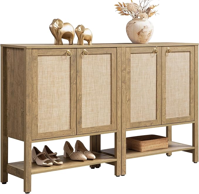 SICOTAS Shoe Storage Cabinet for Entryway - 5 Tier Rattan Entry Shoe Organizer Cabinet with Shelves & Doors, 2 Pieces Farmhouse Boho Shoe Rack for Hallway, Living Room, Closet (Carbon Cherry)