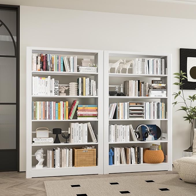 5 Tier White Bookshelf, 68.9" Tall Bookcase with Adjustable Storage Shelves, Heavy Duty Metal Book Shelf Organizer for Living Room, Office, Library, Including Book Stoppers