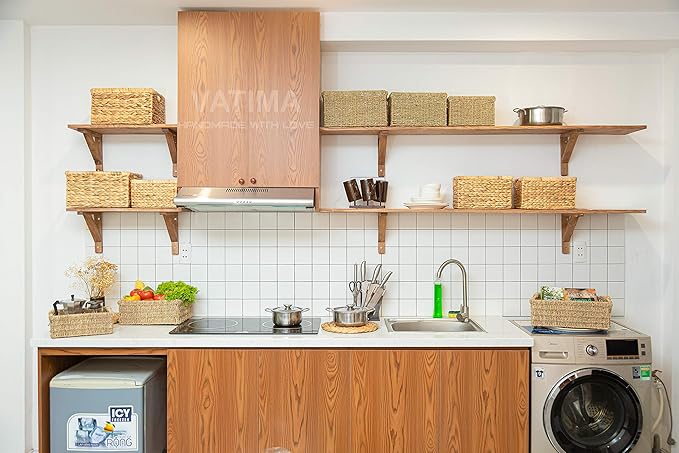 Large Wicker Storage Basket with Wooden Handles, Seagrass Basket for Shelves, Natural Wicker Bin With Handle for Storage 14.5 x 10.3 x 7.5 inches