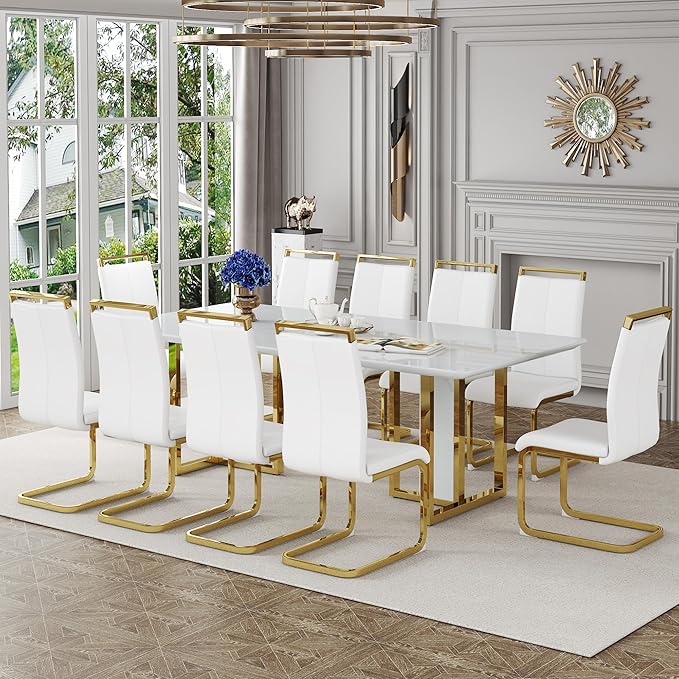 JUFU Dining Table Set for 10, 79'' Dining Table for 8-10 People with Faux Marble Tabletop and Sturdy Leg, White Rectangle Kitchen & Dining Room Sets with 1162-White PU Chairs, Perfect for Kitchen