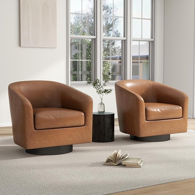 Swivel Barrel Chair, Modern Round PU Leather Accent Armchair for Living Room, Bedroom, Oversized Comfy Club Reading Chairs for Adults (Leather Brown, Set of 1)