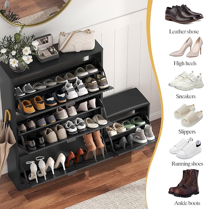 Shoe Cabinet Storage for Entryway with 4 Flip Drawers, Black Fluted Shoe Cabinet with Bench, Wooden Hidden Shoe Rack Freestanding Narrow Slim Shoes Storage Organizer for Hallway, Entrance