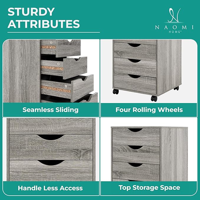 5-Drawer Rolling Storage Cart Organizer - Mobile Under Desk Dresser with Lockable Wheels, Grey Oak Engineered Wood for Home Office Dorm, Compact 15.7 x 15.7 x 26 Inches