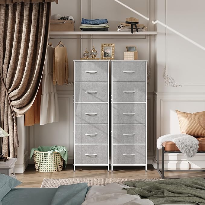 WLIVE Fabric Dresser, 5-Drawer Tall Dresser for Bedroom, Storage Dresser Organizer with Fabric Bins, Wood Top, Sturdy Steel Frame, Chest of Drawers for Closet, Hallway, Light Grey