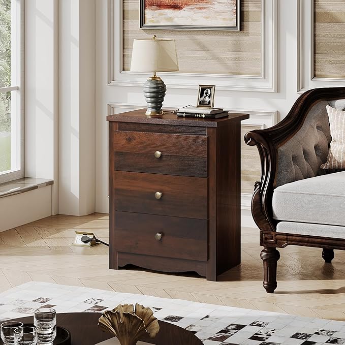 WLIVE Tall Nightstand with Charging Station, Wood Nightstand with 3 Drawers, Bedside Tables Bedroom, Dorm, End Table with 2 USB Ports and 2 AC Outlets, Bedside Table, Espresso