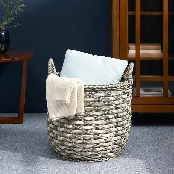 Isidore Round Water Hyacinth Seagrass Woven Basket with Handles (18" x 18" x 19.6" - White-Gray) - Ideal for Halloween, Thanksgiving, and Versatile Home Storage