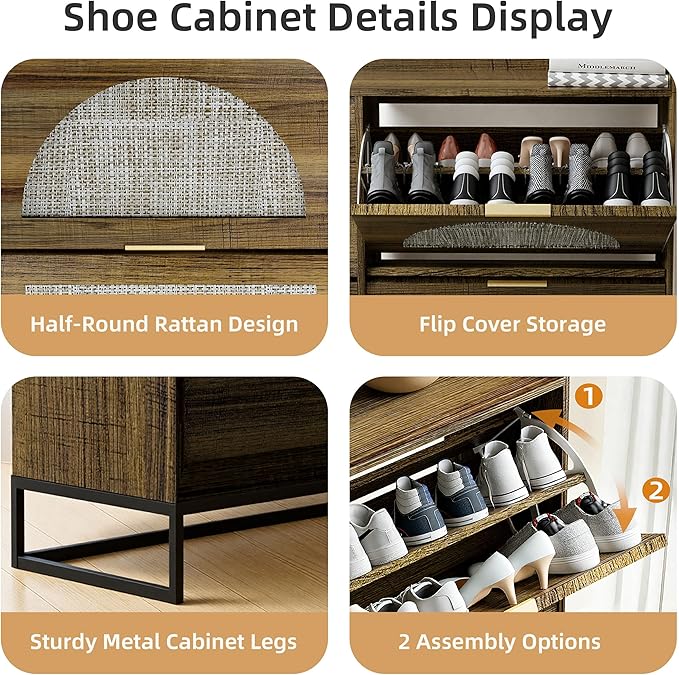 Large Shoe Cabinet Storage for Entryway Hidden Rattan Shoe Cabinet with 4 Flip Drawers Freestanding for Entryway,Hallway Rustic Oak Rattan