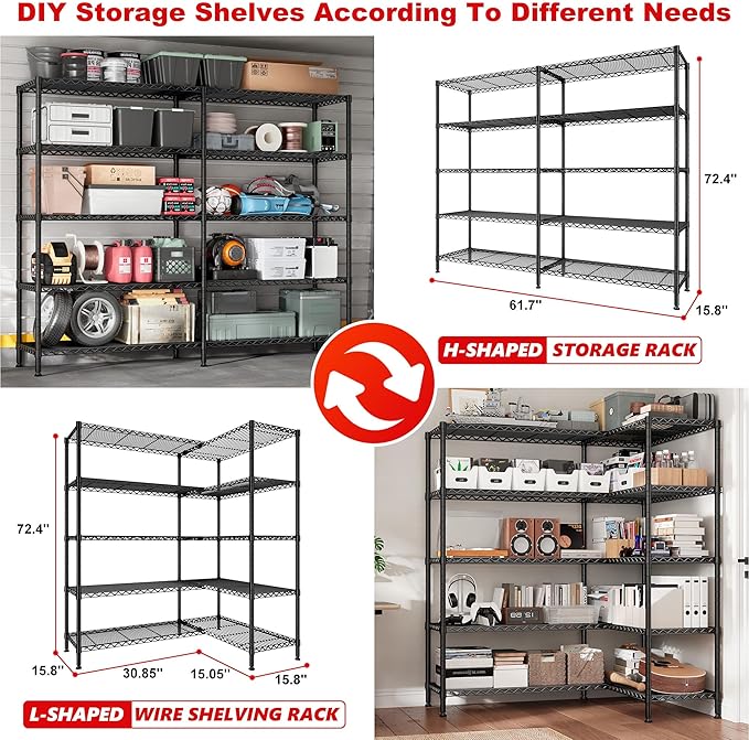 REIBII 5-Tier Heavy Duty Metal Wire Shelves, Industrial Style, 61.7"W x 72.4"H x 15.8"D, 1500 LBS Capacity, Adjustable, Rust Resistant, 2 Pack