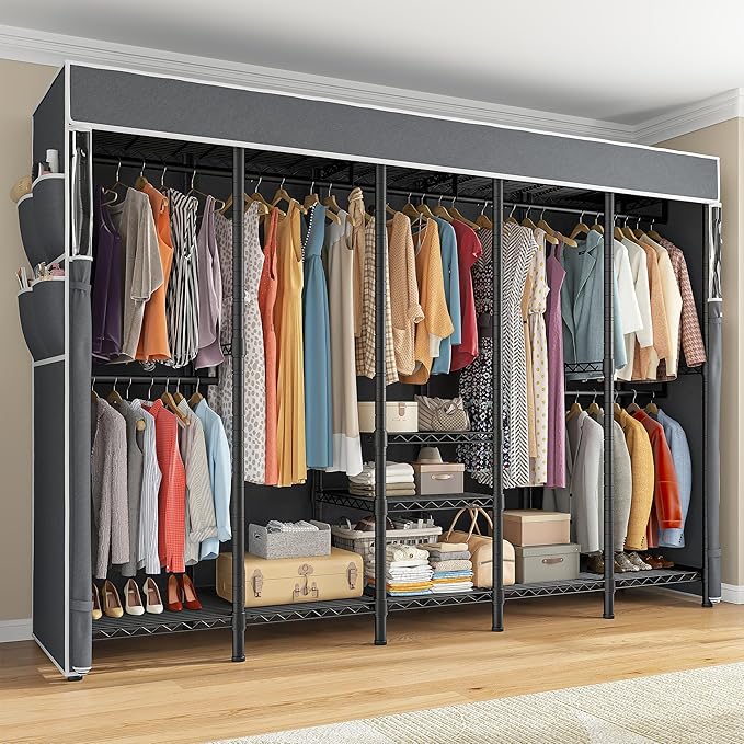 Raybee 90.6" W Clothes Rack with Cover Heavy Duty Clothing Rack with Cover Loads 1200LBS Freestanding Garment Rack for Bedroom, Black