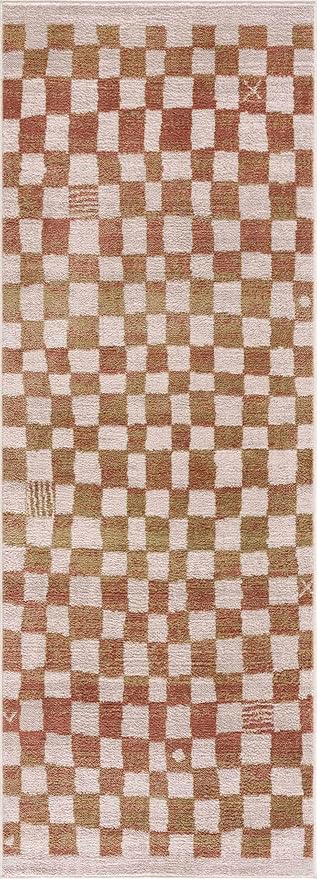 Hauteloom Pertek Modern Checkered Runner Rug - Modern Geometric Carpet for Hallway, Kids Room, Nursery - Bohemian Boho Carpet - Cream, Somon - 2'7" x 7'3"