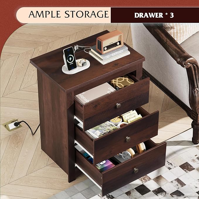 WLIVE Tall Nightstand with Charging Station, Wood Nightstand with 3 Drawers, Bedside Tables Bedroom, Dorm, End Table with 2 USB Ports and 2 AC Outlets, Bedside Table, Espresso