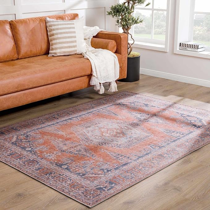 BoutiqueRugs Taber Farmhouse Runner Rug - Machine Washable - Blue, Burnt Orange, Pale Blue - 2'7" x 7'3" Runner