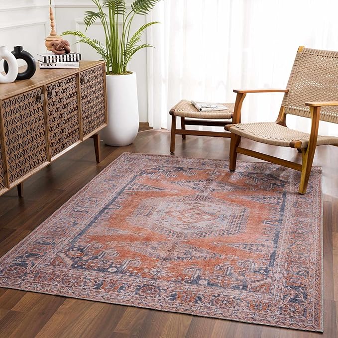 BoutiqueRugs Taber Farmhouse Runner Rug - Machine Washable - Blue, Burnt Orange, Pale Blue - 2'7" x 12' Runner