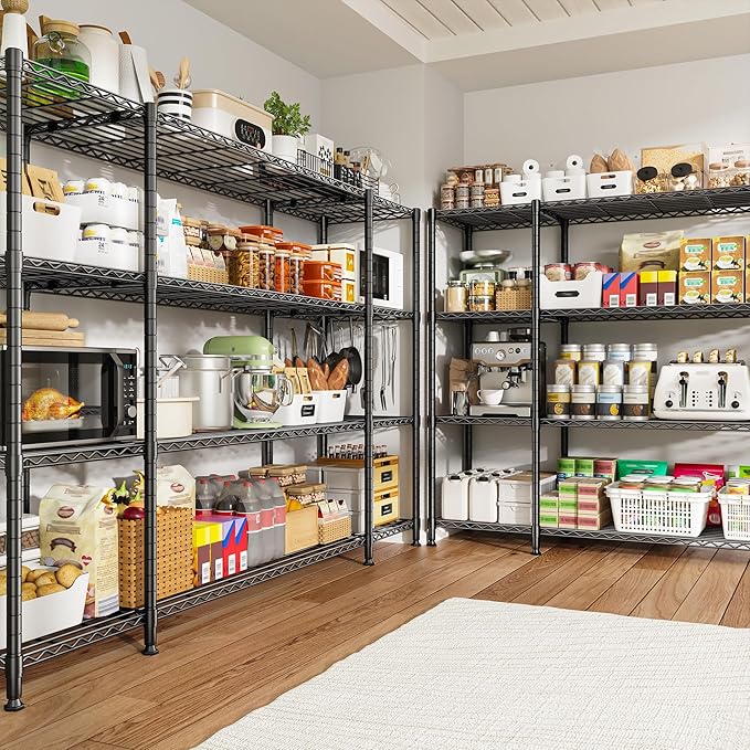 REIBII 78.4''W Storage Shelves, 4 Tier Wire Shelving Unit Loads 1500LBS with Adjustable 2PCS Heavy Duty Metal Shelving for Pantry, Kitchen,Garage Shelves.78.4''Wx11.8''Dx59''H,Black
