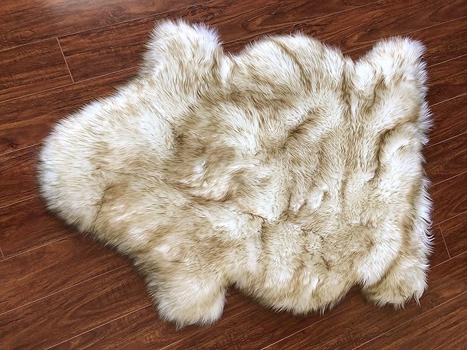 Free Shape Luxury Soft Fluffy Shag Area Rug Single 2’x3’, 60x90cm - Vegan Fur Ultra Soft Indoor Carpet Nursery Rugs for Bedroom Home Decor, White with Brown Tips
