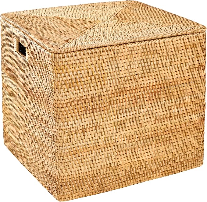 Rattan Basket With Lid,Large Storage Basket Lidded,Rattan Box For Shelf (12.6" L×12.6"W×12.6"H)