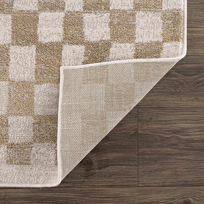 Hauteloom Pertek Modern Checkered Area Rug - Modern Geometric Carpet for Living Room, Kids Room, Nursery - Bohemian Boho Carpet - Cream, Gold - 2'7" x 7'3"