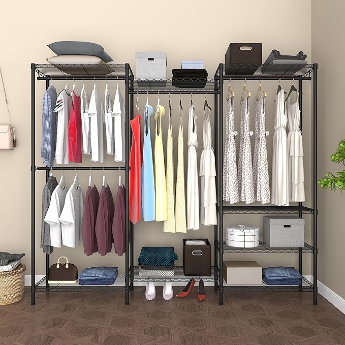 Heavy Duty Clothes Rack,Freestanding Clothing Shelf,Metal Garment Rack,Adjustable Custom Closet Shelf, 75" L x 13.8" W x 75.2" H, Max Load 800LBS, Large(Black)