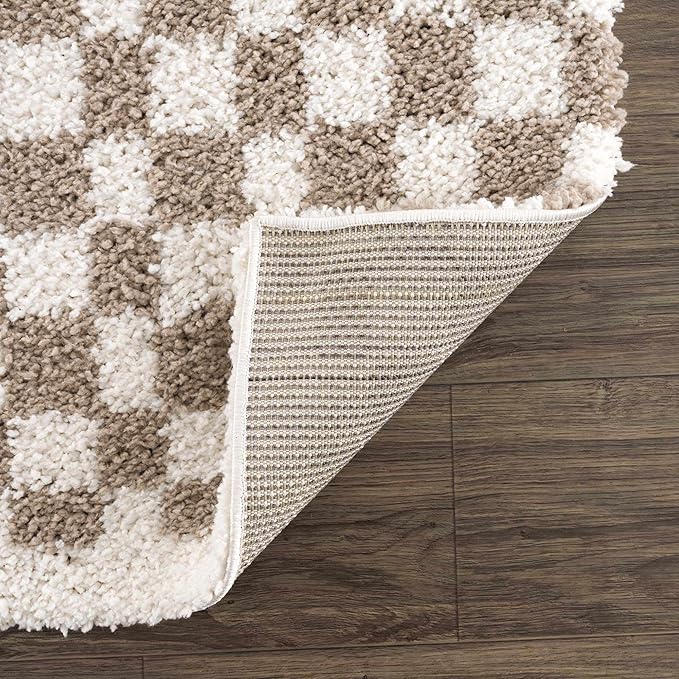 Hauteloom Kieu Contemporary Checkered Fluffy Shag Runner Rug - Modern Geometric Soft Carpet Tiles for Hallway, Kids Room, Nursery - Gray, Taupe, White - 2'7" x 7'3"