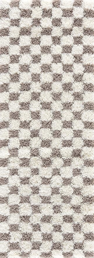 Hauteloom Atira Checkered Shag Runner Rug - Checkboard Design - High Pile Fluffy Shaggy Touch - Square Tiles - Kids Room, Hallway, Bedroom Shag - Brown, Cream, White - 2'7" x 7'3"