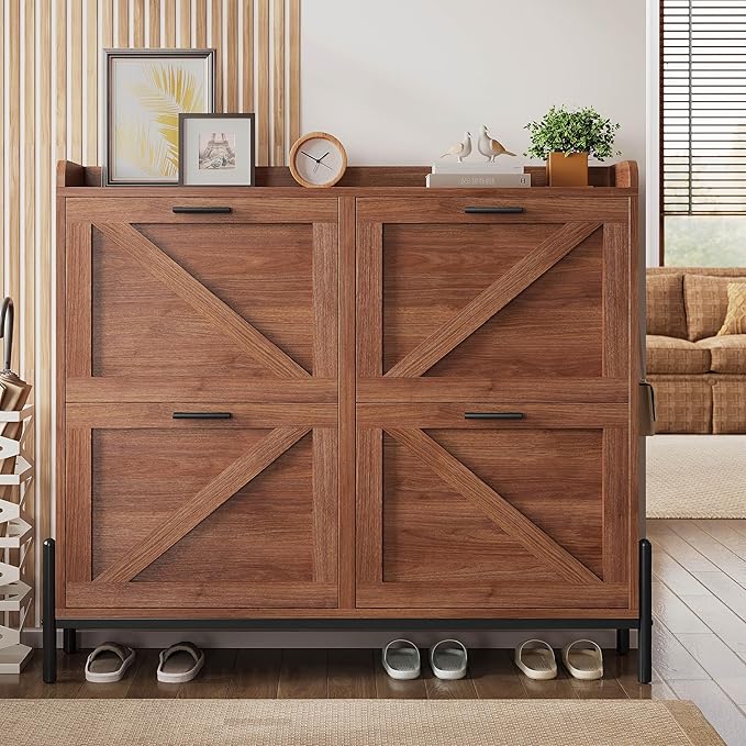 IRONCK Farmhouse Shoe Storage Cabinet with 4 Flip Drawers, Freestanding Shoe Organizer with Adjustable Shelf for Entryway, Narrow Shoe Rack Cabinet for Hallway, Living Room, Walnut