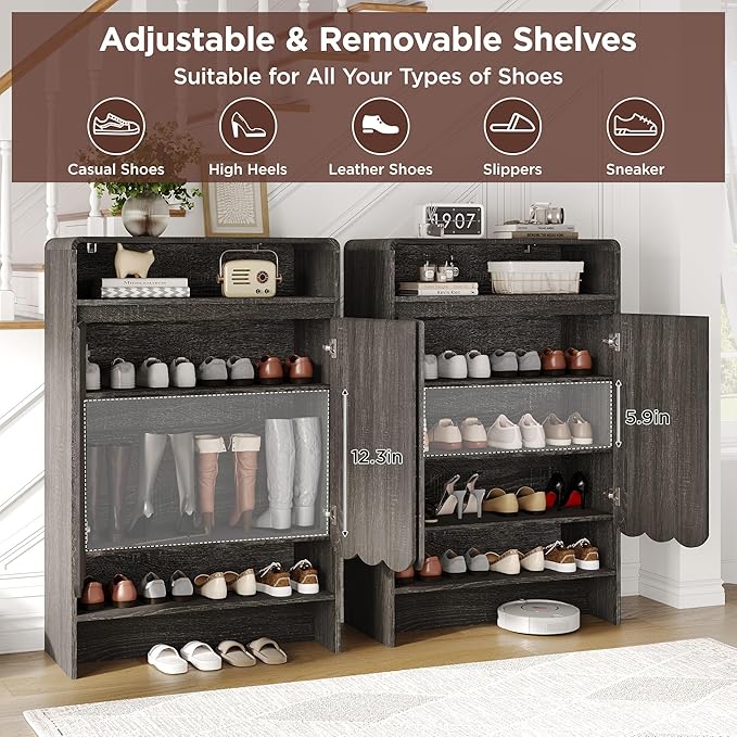 Vabches Shoe Storage Cabinet with Wave Panel Doors, 5-Tier Shoe Cabinet with Adjustable Shelves, 45'' Tall Freestanding Narrow Shoe Organizer for Entryway, Front Door, Hallway, Wood Legs, Gray