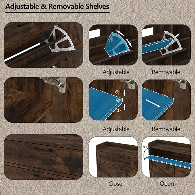 Shoe Cabinet with 2 Flip Drawers, Shoe Storage Cabinet for Entryway, Shoe Rack with Adjustable Side Cabinet, Freestanding Hidden Shoe Cabinet Organizer with Storage Drawers, Rustic Brown, L