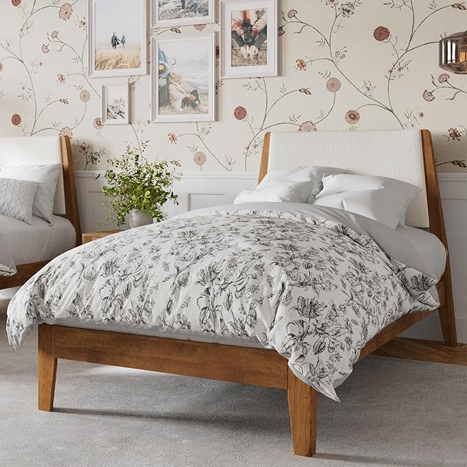 DG Casa Vandermark Solid Wood Easy Install Twin Bed Frame with Unique Headboard and Wooden Slat Support Included No Box Spring Required - Beige Walnut