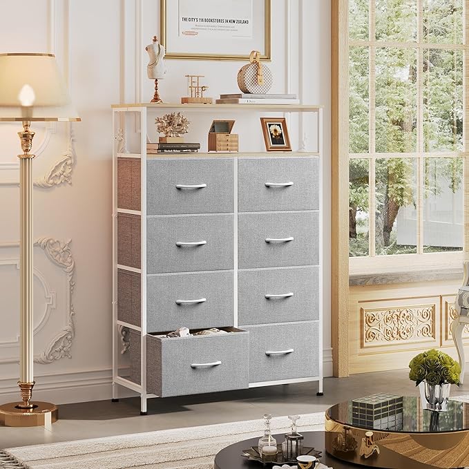 WLIVE Fabric Dresser for Bedroom with Open Shelves, Tall Dresser with 8 Drawers, Storage Tower with Fabric Bins, Chest of Drawers for Closet, Living Room, Hallway, Light Gray