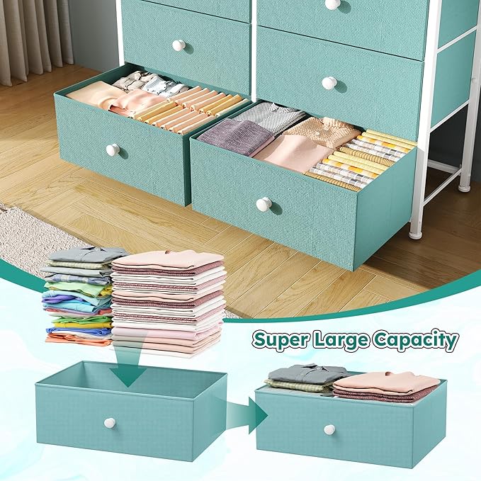 Dresser for Bedroom with 12 Drawers, Fabric Dressers & Chest of Drawers with Sturdy Metal Frame, Wood Top, for Woman, 40.6" W x 11.8" D x 44.5" H (Turquoise)
