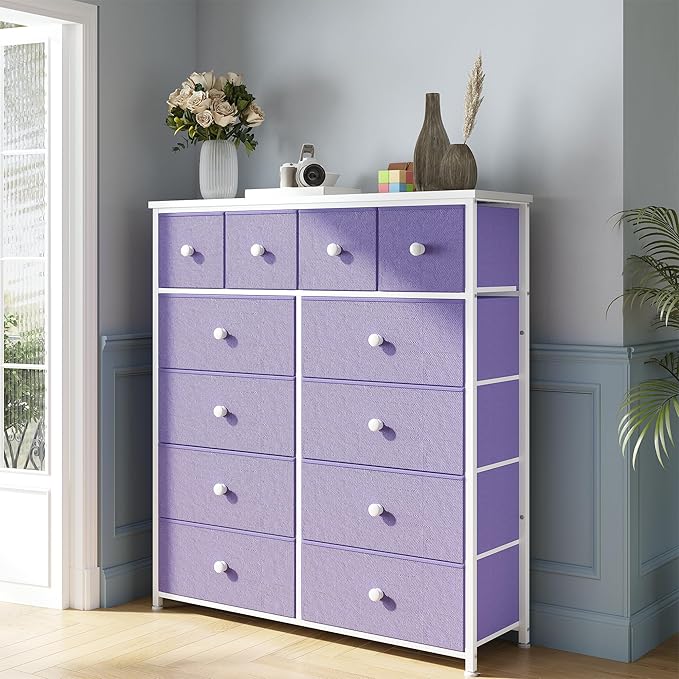 Dresser for Bedroom with 12 Drawers, Fabric Dressers & Chest of Drawers with Sturdy Metal Frame, Wood Top, for Woman, 40.6" W x 11.8" D x 44.5" H (Purple)