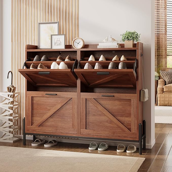 IRONCK Farmhouse Shoe Storage Cabinet with 4 Flip Drawers, Freestanding Shoe Organizer with Adjustable Shelf for Entryway, Narrow Shoe Rack Cabinet for Hallway, Living Room, Walnut