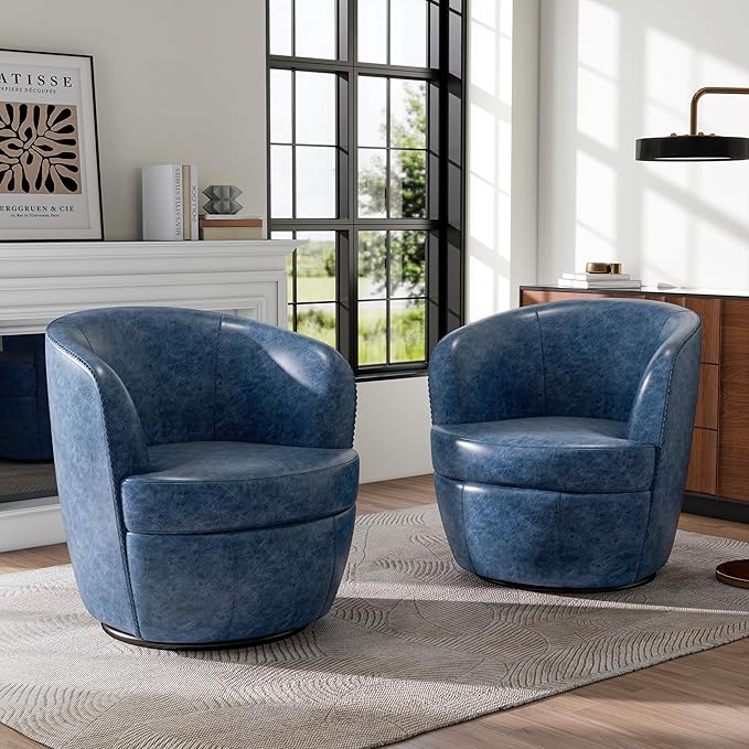 Swivel Barrel Chair, Modern Round PU Leather Accent Armchair for Living Room, Bedroom, Comfy Club Reading Chairs for Adults (Leather Navy Blue, Set of 2)