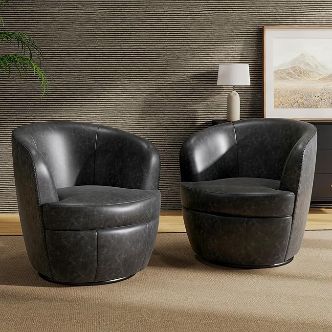 Swivel Barrel Chair, Modern Round PU Leather Accent Armchair for Living Room, Bedroom, Comfy Club Reading Chairs for Adults (Leather Black Grey, Set of 2)