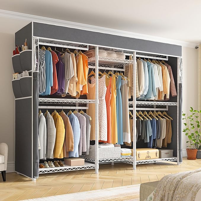 Raybee Clothing Rack with Cover Heavy Duty Clothes Rack with Shelves,Portable, Adjustable,Metal,Max Load 900lbs,White