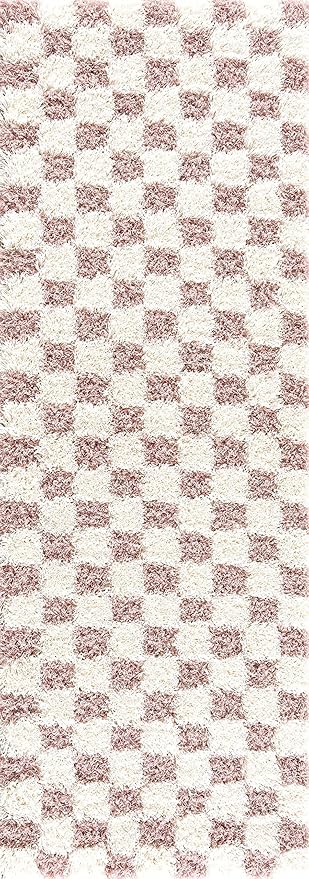 Hauteloom Atira Contemporary Checkered Fluffy Shag Runner Rug - Modern Geometric Carpet Tiles for Hallway, Kids Room - Plush Pile Carpet Squares - Cream, Pink- 2'7" x 10'